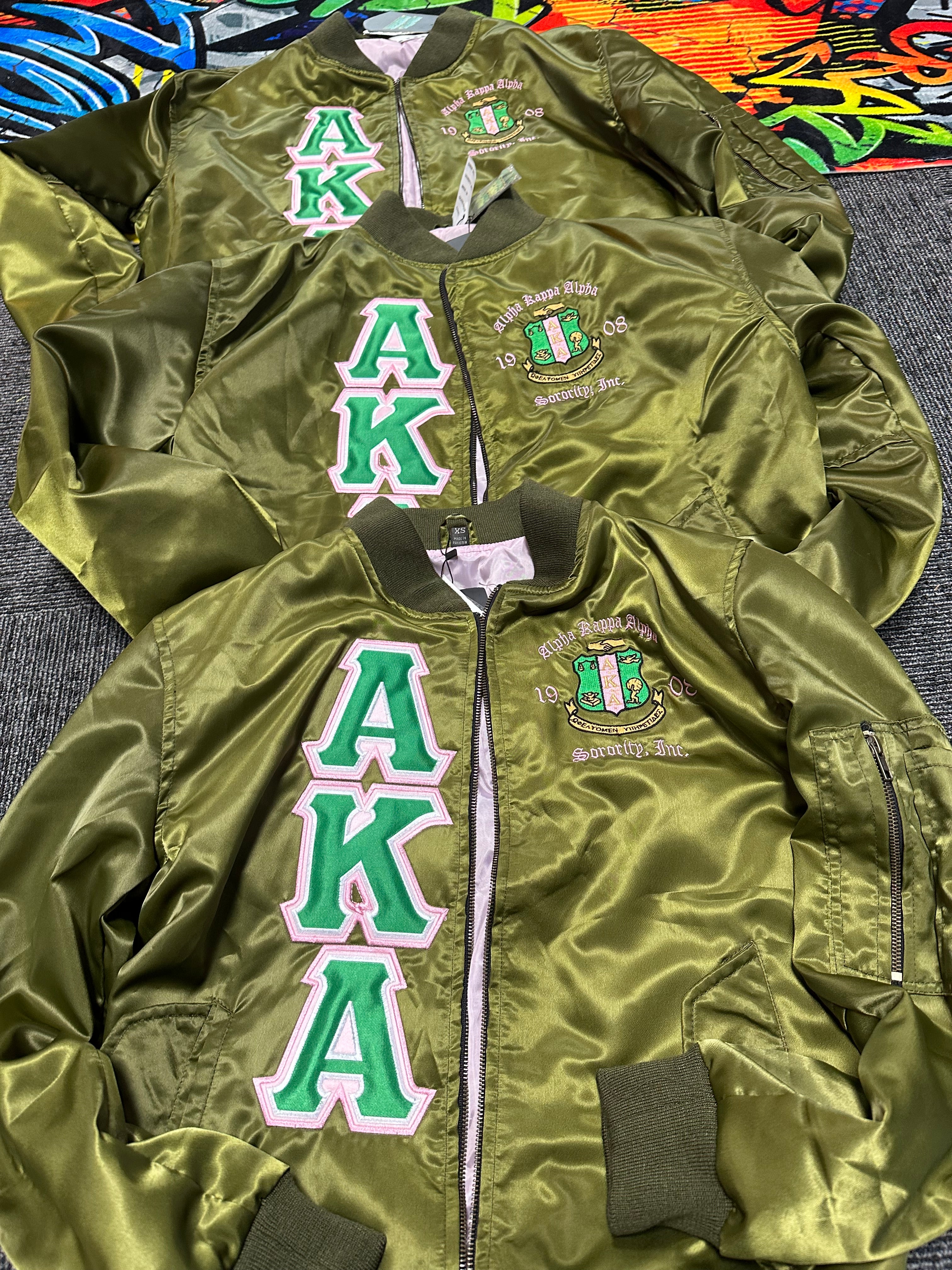 ALPHA KAPPA ALPHA - "OLIVE" SATIN BOMBER JACKET