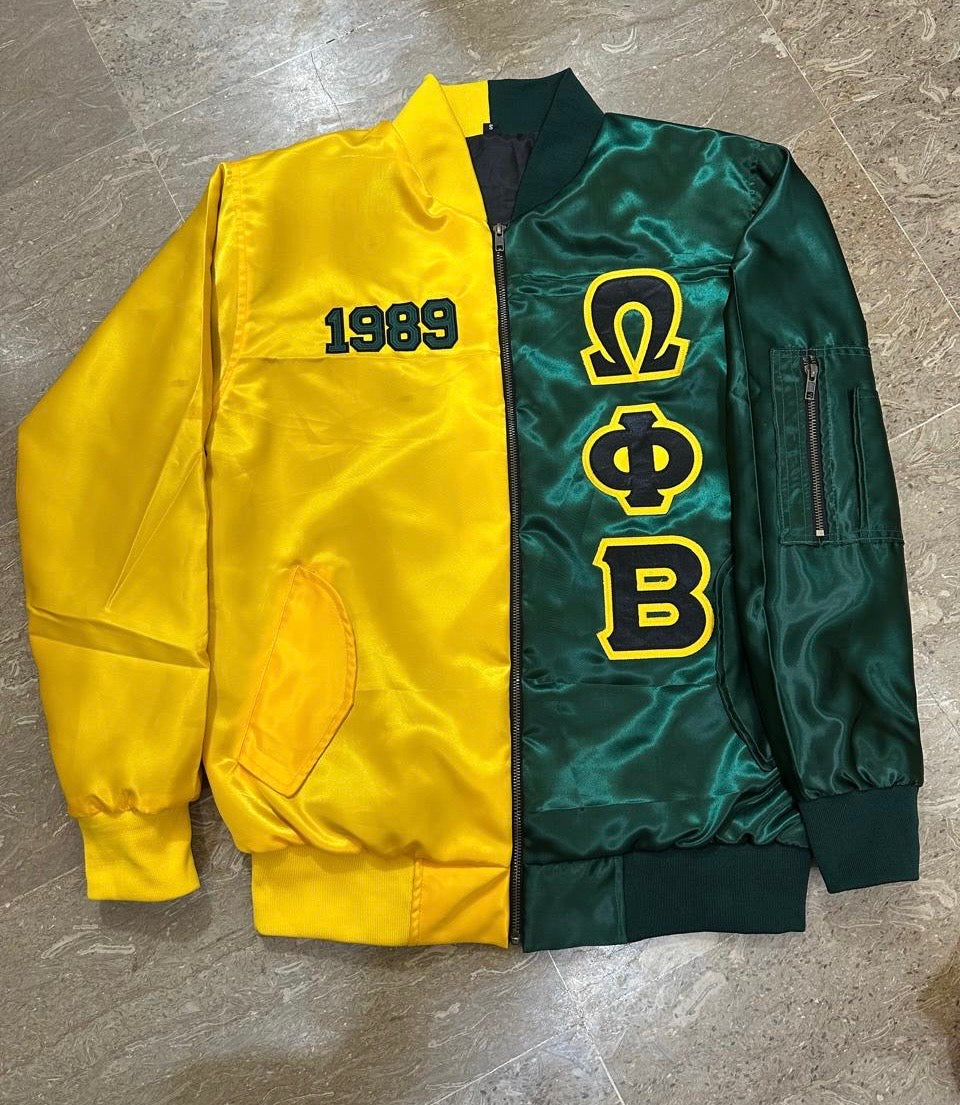 OMEGA PHI BETA - SATIN SPLIT COLOR BOMBER JACKET