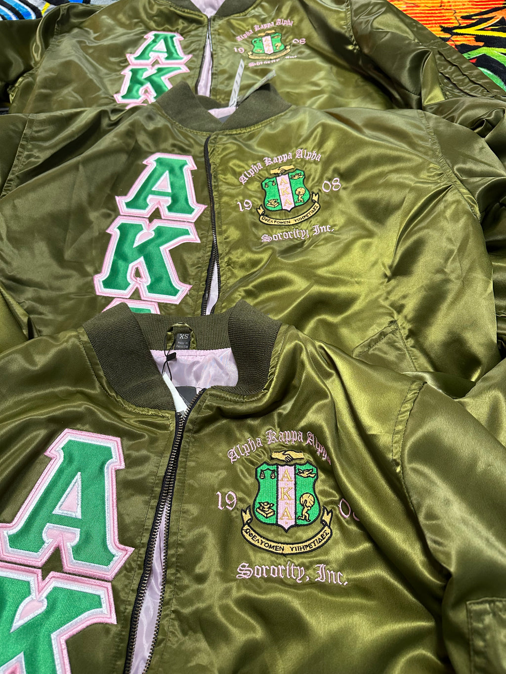 ALPHA KAPPA ALPHA - "OLIVE" SATIN BOMBER JACKET
