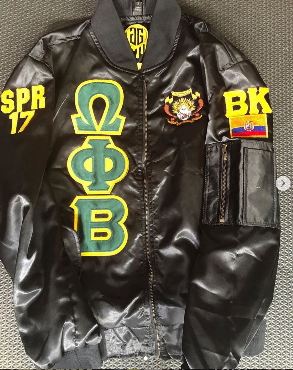 OMEGA PHI BETA SATIN BOMBER JACKET - graffitigreek