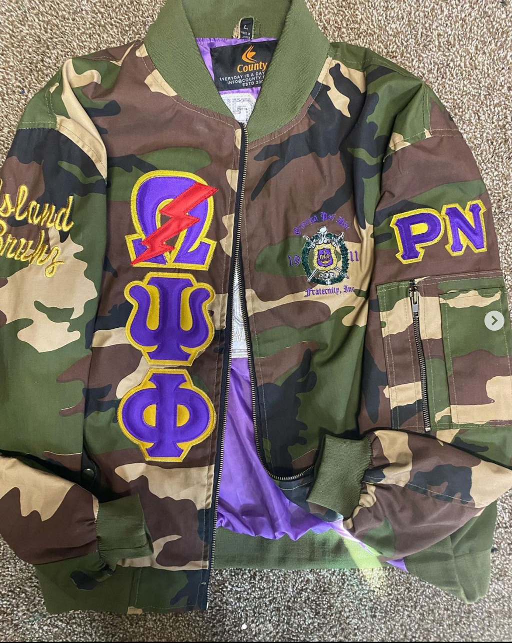 OMEGA PSI PHI -CAMO BOMBER JACKET